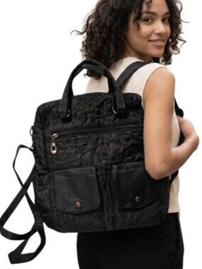 Black Heart Quilted Backpack Tote Bag Convertible Multi-Pocket Shoulder Handbag